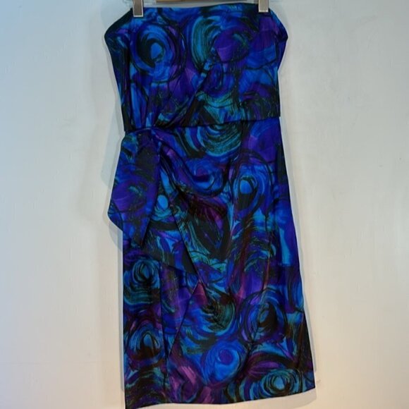 Vintage Maggy London satin strapless peacock print dress size 6 - Picture 8 of 9